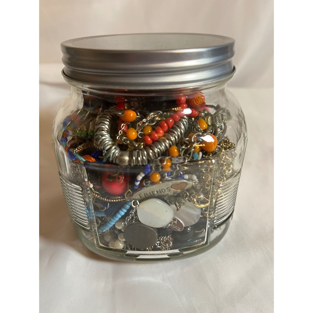 Vintage Costume Jewelry Jar Mixed Lot Beaded Necklaces Bracelets Charms Crafting